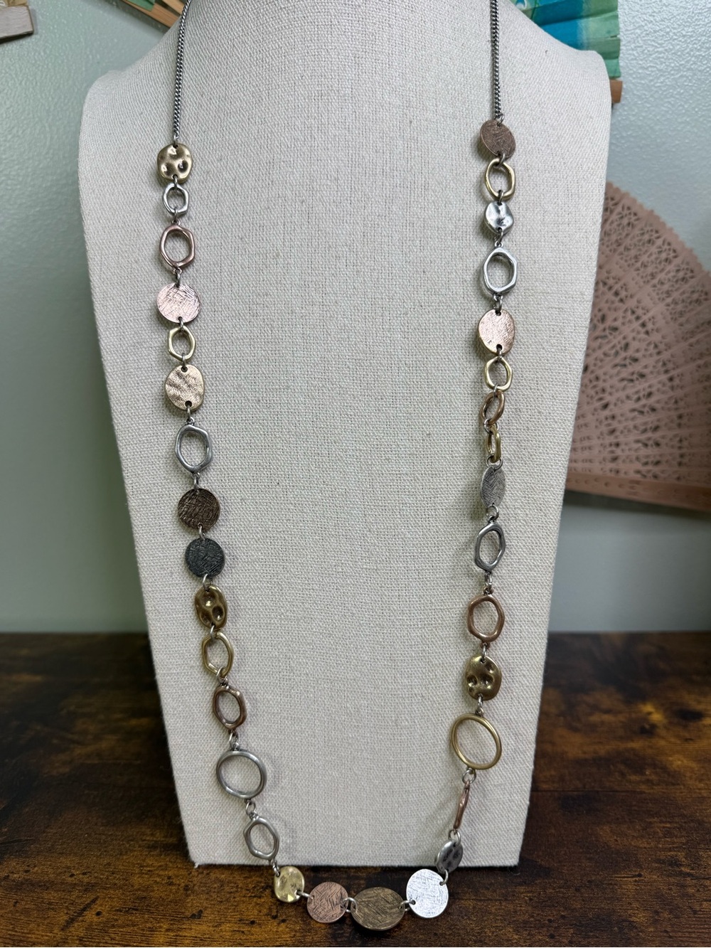 Tri-Tone Disc Link Long Necklace - Women Jewelry